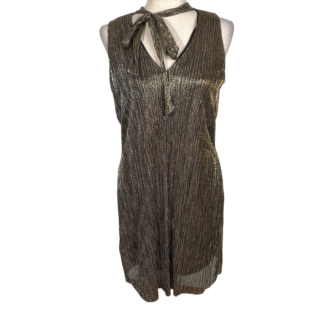 IZ Byer Dress Women L Metallic Gold Black Silver Shift Bow Stretch Party Sexy